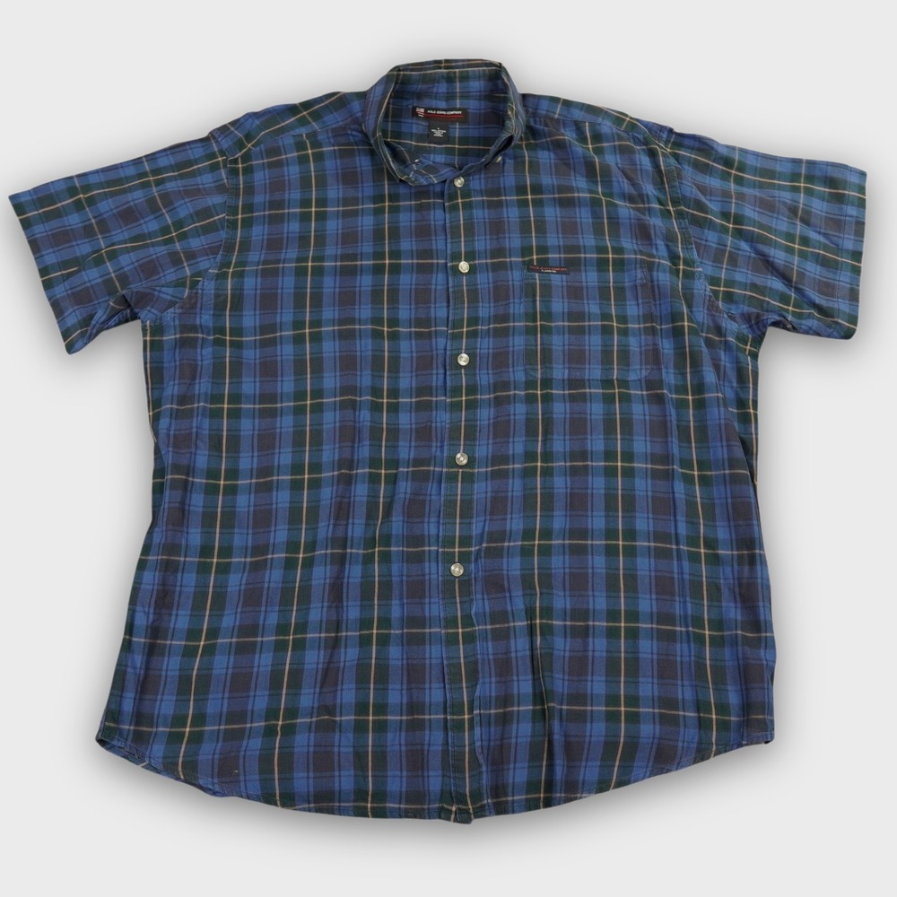 Polo Jeans Co Ralph Lauren Shirt Mens Large Blue Black Watch Plaid Logo Hit VTG